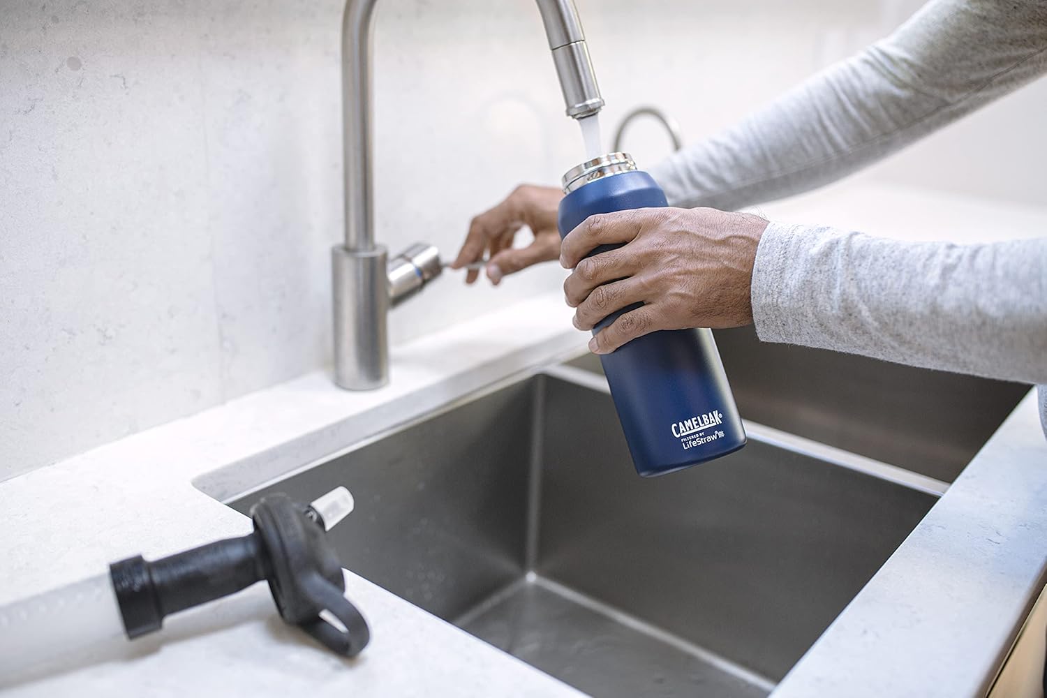 CamelBak eddy+ Water Filter Water Bottle by LifeStraw Integrated 2-Stage Filter Straw - For Hiking, Backpacking, Travel, and Emergency Preparedness - 32oz Vacuum Insulated Stainless Steel, Black