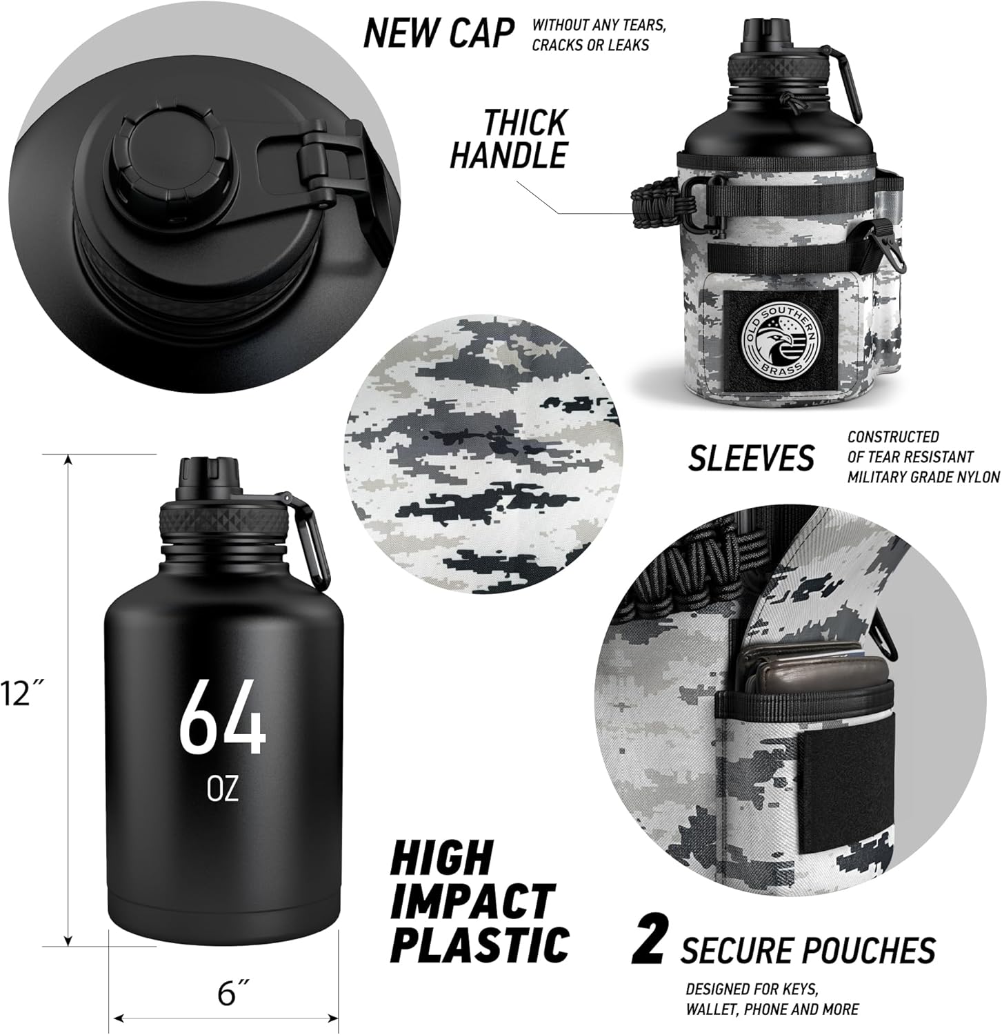 Combat Canteen - 64oz Insulated Water Bottle with Paracord Handle, Stainless Steel Water Jug with Rugged Pockets for Keys, Wallet & Phone - White Digital